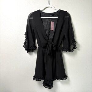 Maverick‎ The Collection Romper Size XS Black Ruffle Tie Front Sheer Chiffon NWT